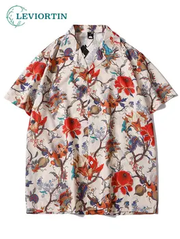 High Street Vasaros Marškinėliai Vyrams Retro Japonų Gatvės Gėlių Spausdinti Atvartas Atostogų Trumpas Rankovės Atsitiktinis Vyrų Mygtuką Iki Viršūnės Marškinėliai