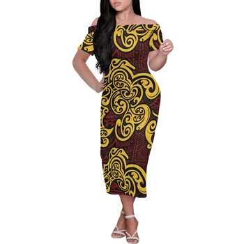 Samoa Havajai Prabanga Aukso Spausdinti Moterų Suknelės, Vasaros Ponios Pokylių Suknelė Off Peties Trumpas Rankovės Stora Sexy Fashion Drabužiai